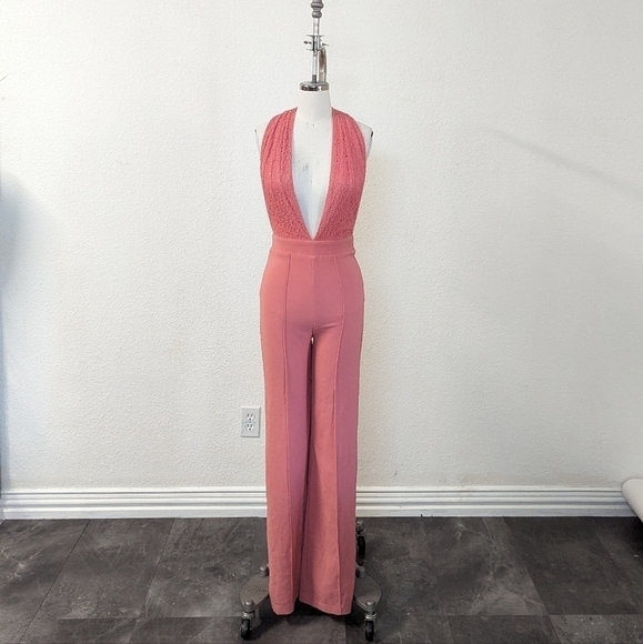 Lulus Lace Plunging Halter Neckline Backless Wide Leg Jumpsuit Pink XS party - Picture 1 of 7